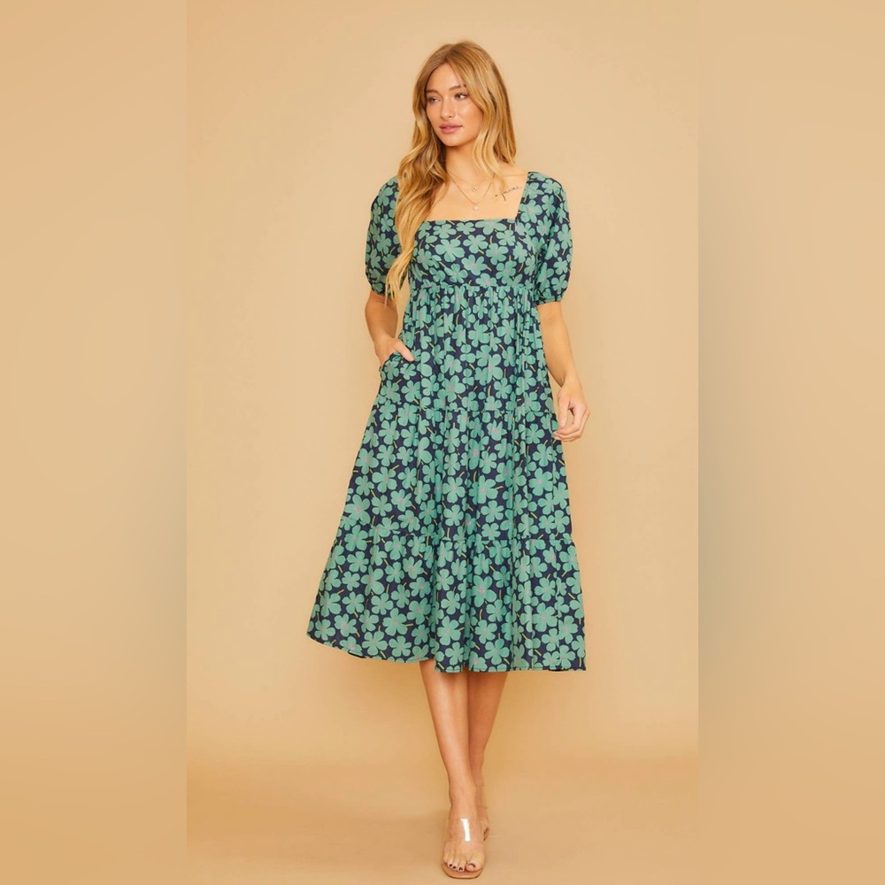 New Baevely By Wellmade Floral Smocked Print Midi Dress In Green/Blue Size M